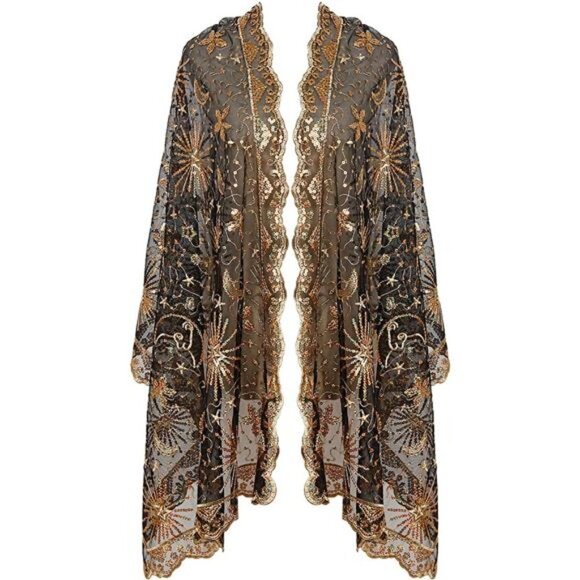 Boho Black Gold Moon & Star Sheer Mesh Sequin Embellished Shawl Wrap‎ Scarf - Picture 1 of 7